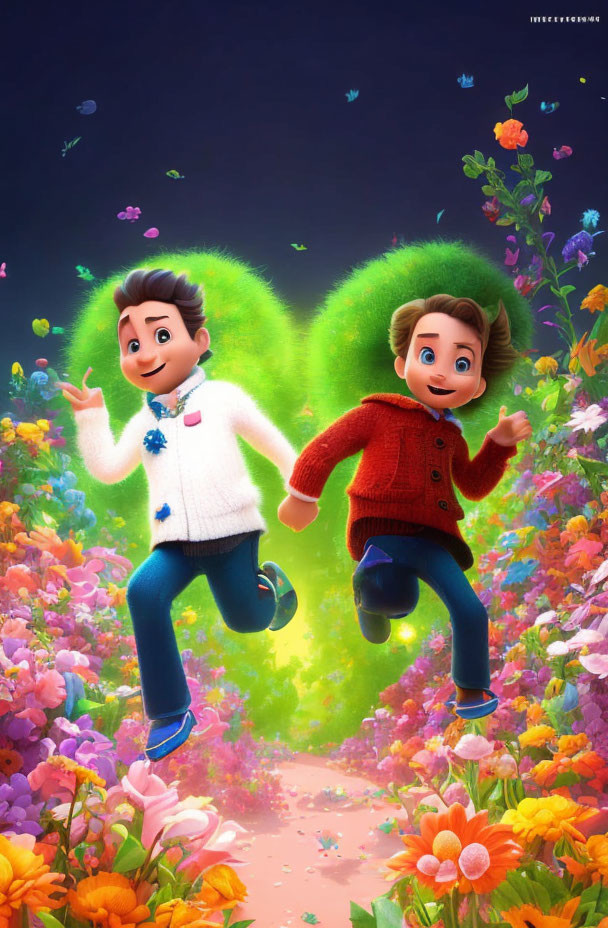 Animated boys with wings in vibrant forest with flowers and butterflies