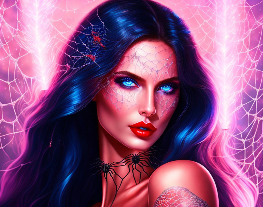 Vibrant blue-haired woman in neon pink backdrop with spiderweb motifs