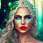 Illustrated elf woman with blue eyes and nature-inspired jewelry in magical forest setting