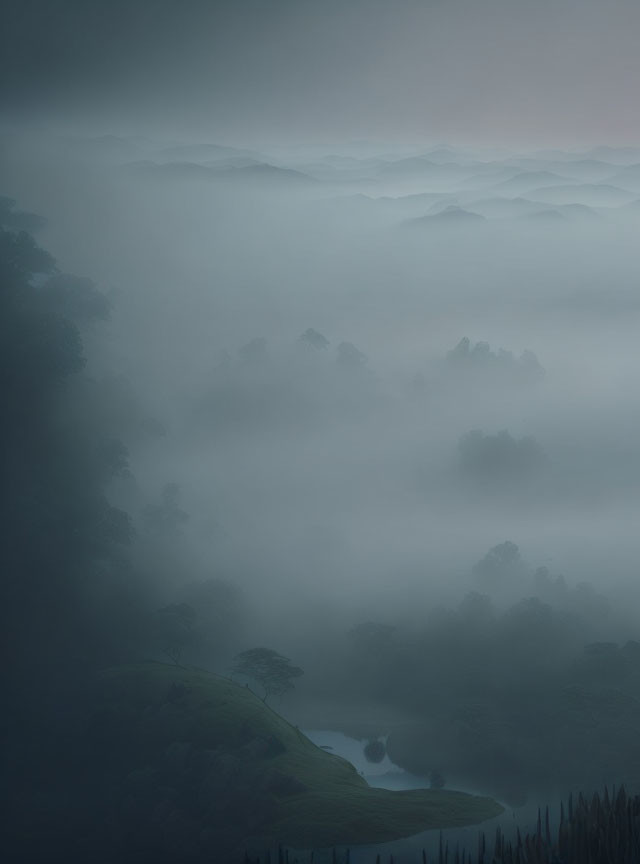 Layered Hills and Silhouetted Forest in Misty Twilight Valley