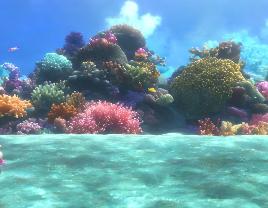 Colorful Coral Formations and Fish in Clear Blue Underwater Scene