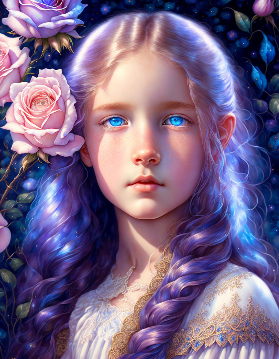 Digital portrait of girl with blue eyes and wavy blue hair, surrounded by roses, in white and