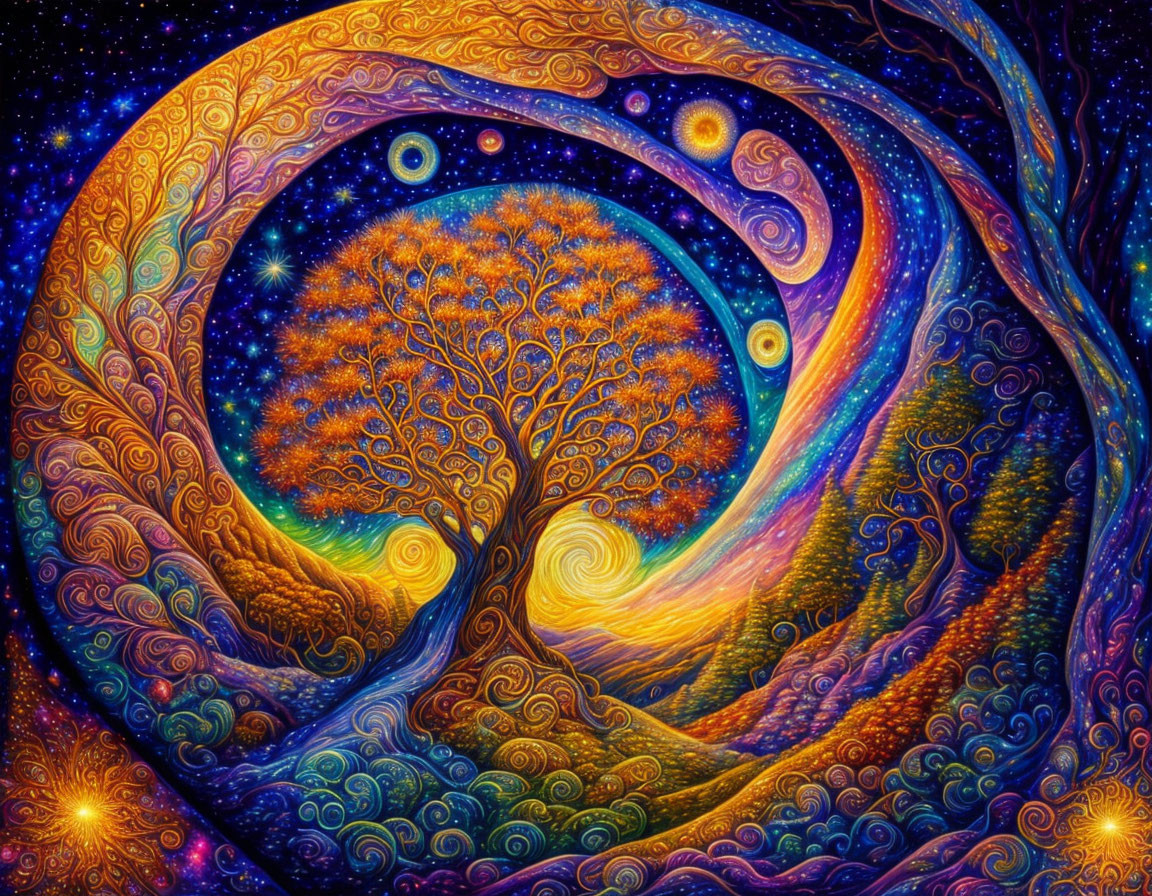 Colorful Psychedelic Tree Painting with Swirling Branches and Starry Sky