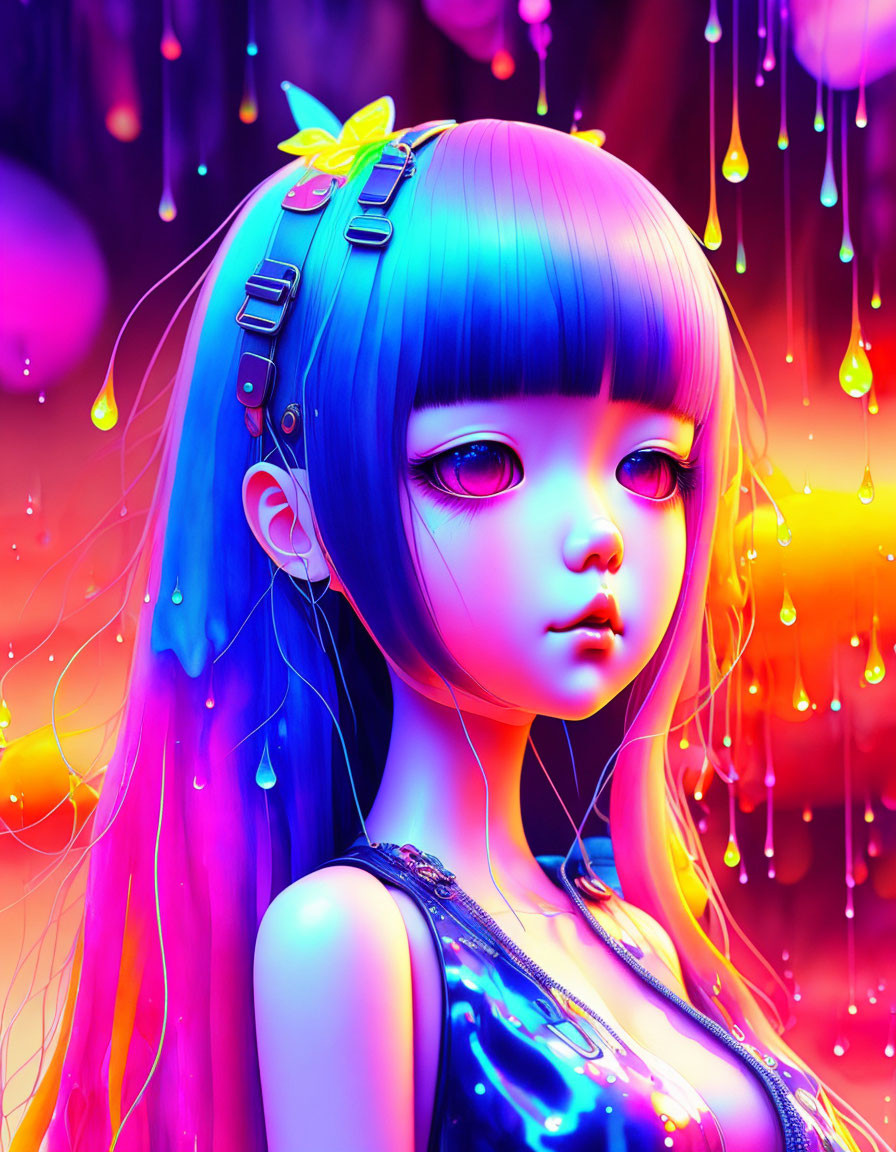 Colorful Stylized Girl Artwork with Gradient Hair in Neon Background