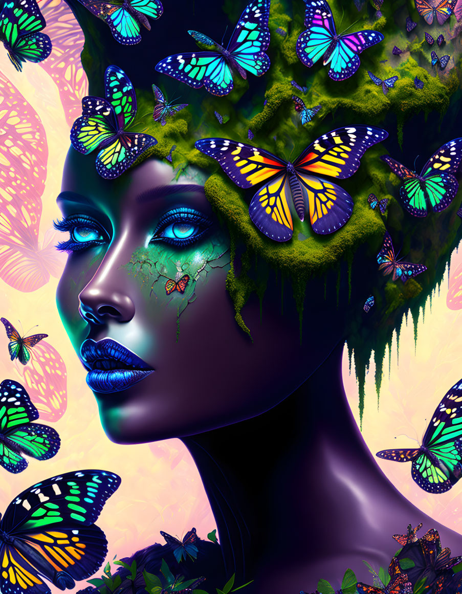 Colorful digital art: woman's face with mossy green hair and butterflies on pink background