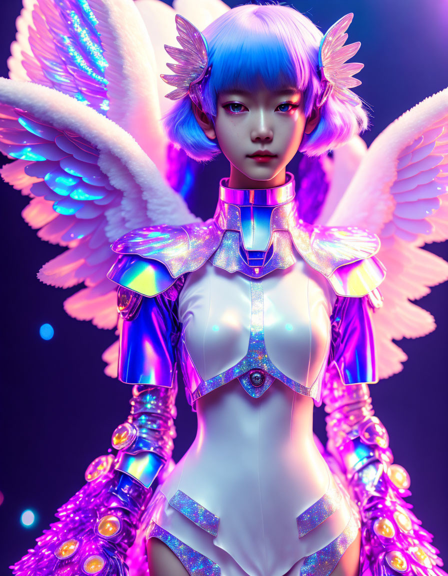 Colorful digital artwork: Blue-haired character in futuristic armor with wings