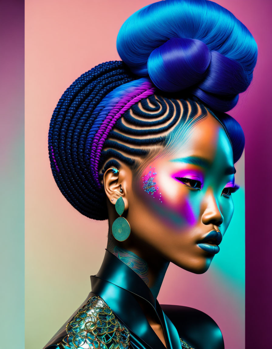 Artistic Makeup and Blue Hairstyle on Model with Gradient Background