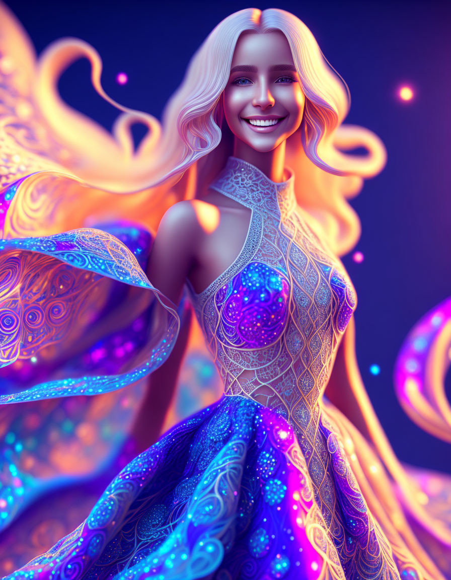 Vibrant woman in intricate blue and purple gown with flowing hair and glowing orbs.