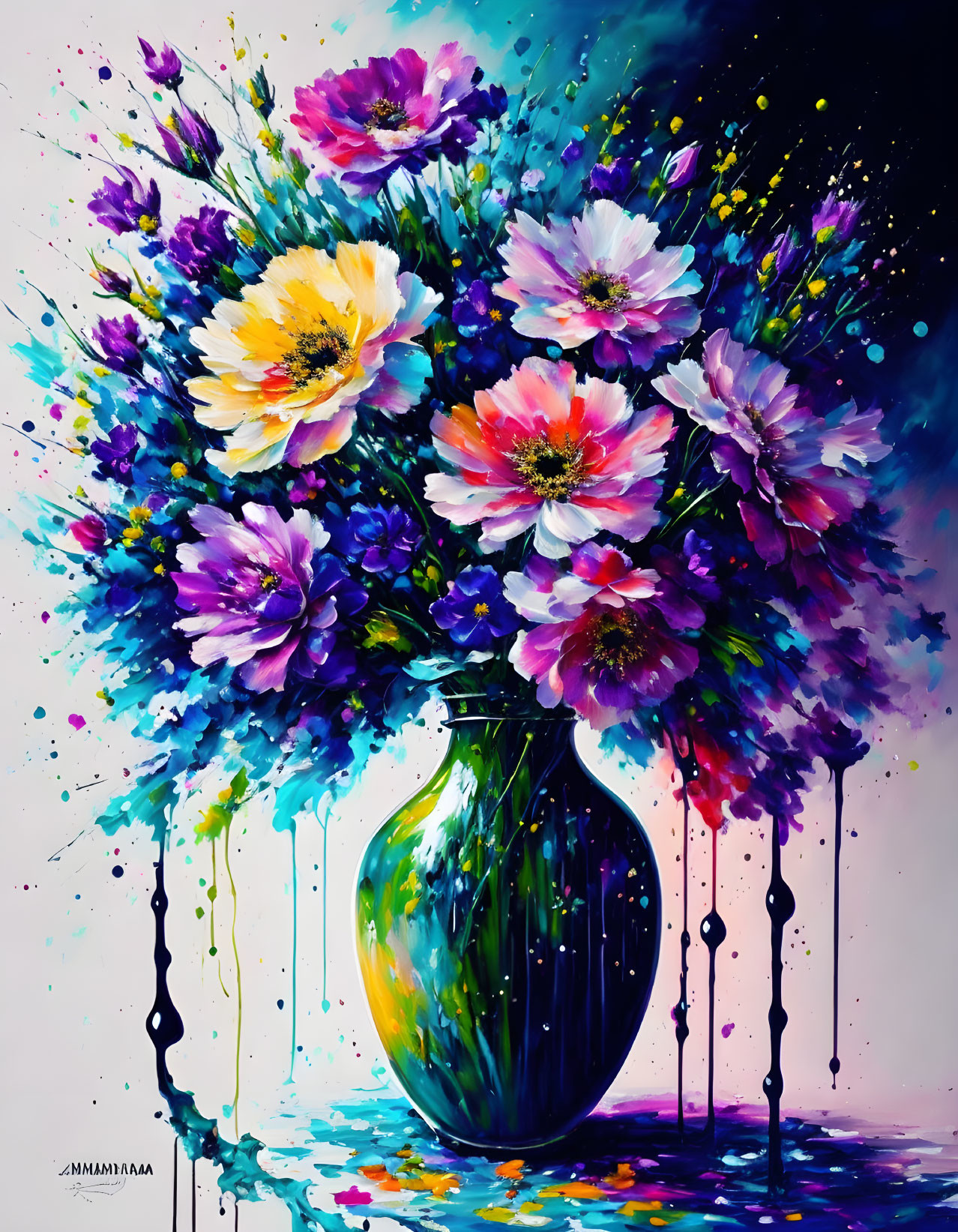 Colorful Flower Bouquet Painting in Green Vase with Dripping Paint Effect