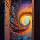 Vibrant swirling vortex of psychedelic colors and patterns behind an open door