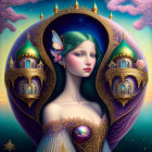 Fantastical blue-haired woman in golden egg-like structure with fairy and celestial elements