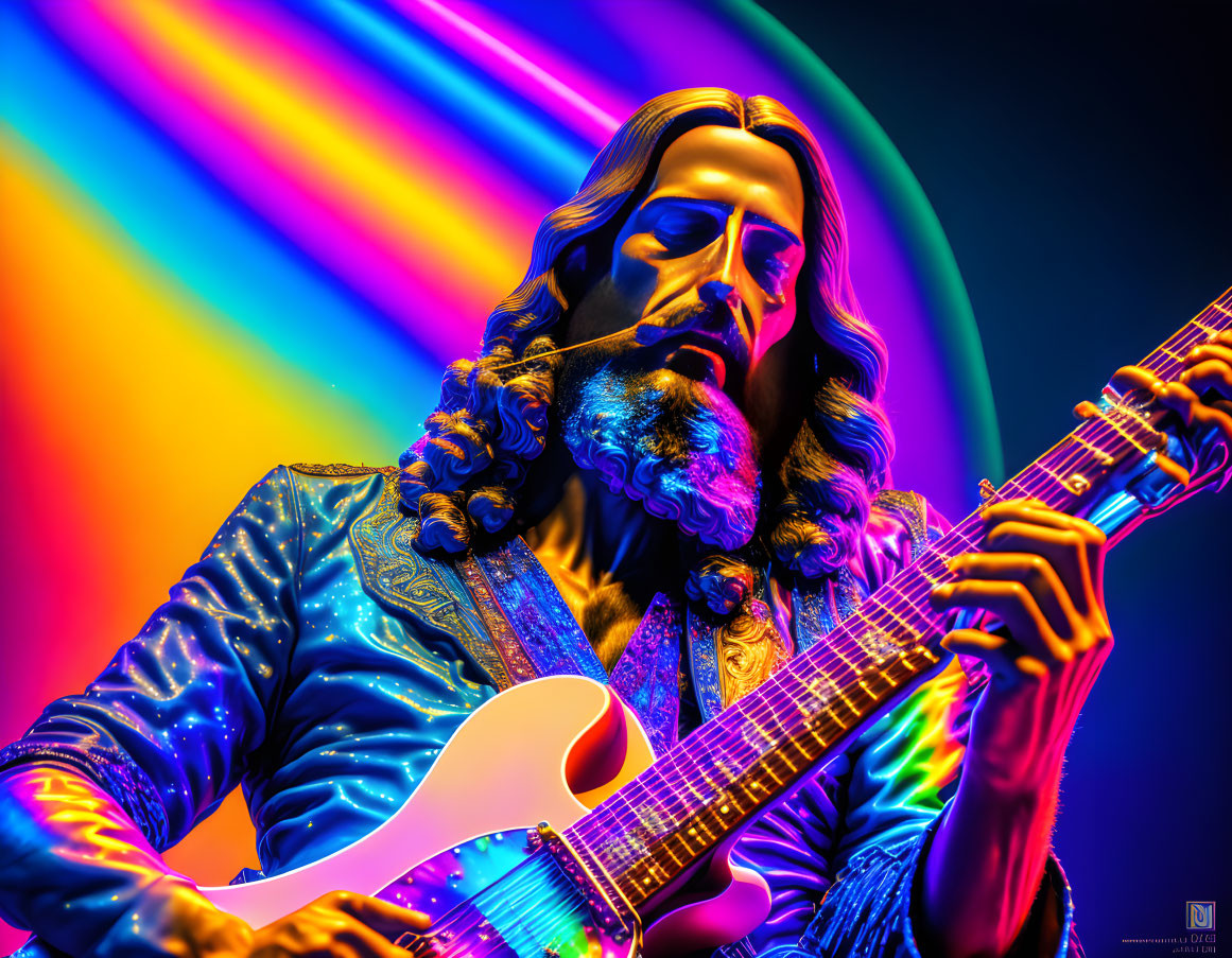 Colorful Guitarist Playing Electric Guitar Under Neon Lights