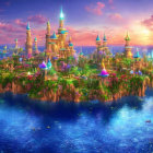 Fantasy digital artwork: Idyllic city on island at sunset