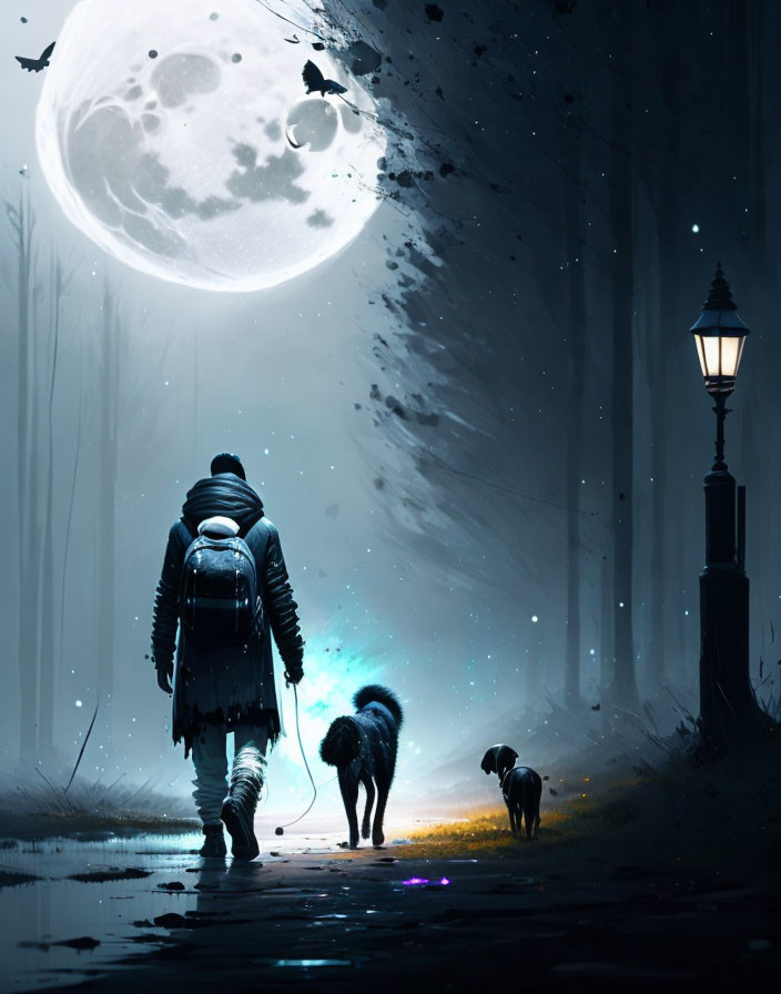 Person and two dogs under full moon on path with trees and streetlamp