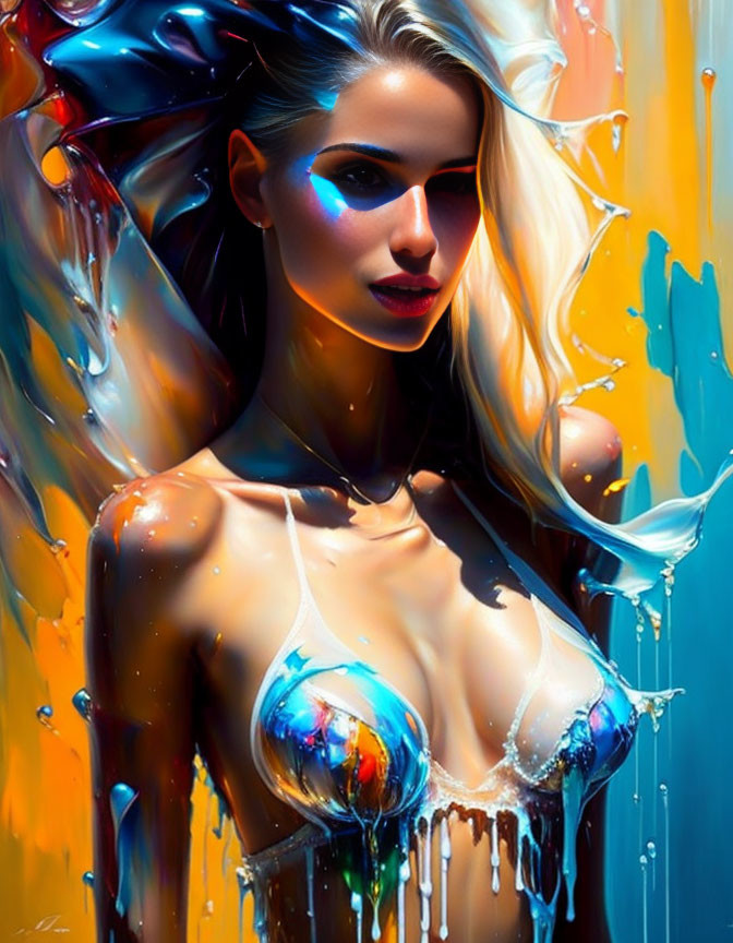 Digital artwork featuring woman with luminescent eyes and liquid-like colors on vibrant paint background
