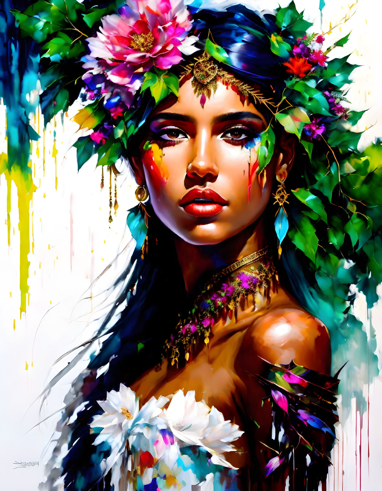 Colorful portrait of a woman with floral headdress and vibrant paint drips