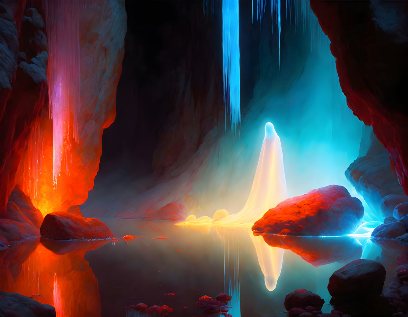 Ethereal figure in mystical cave with vibrant lighting and rocky terrain