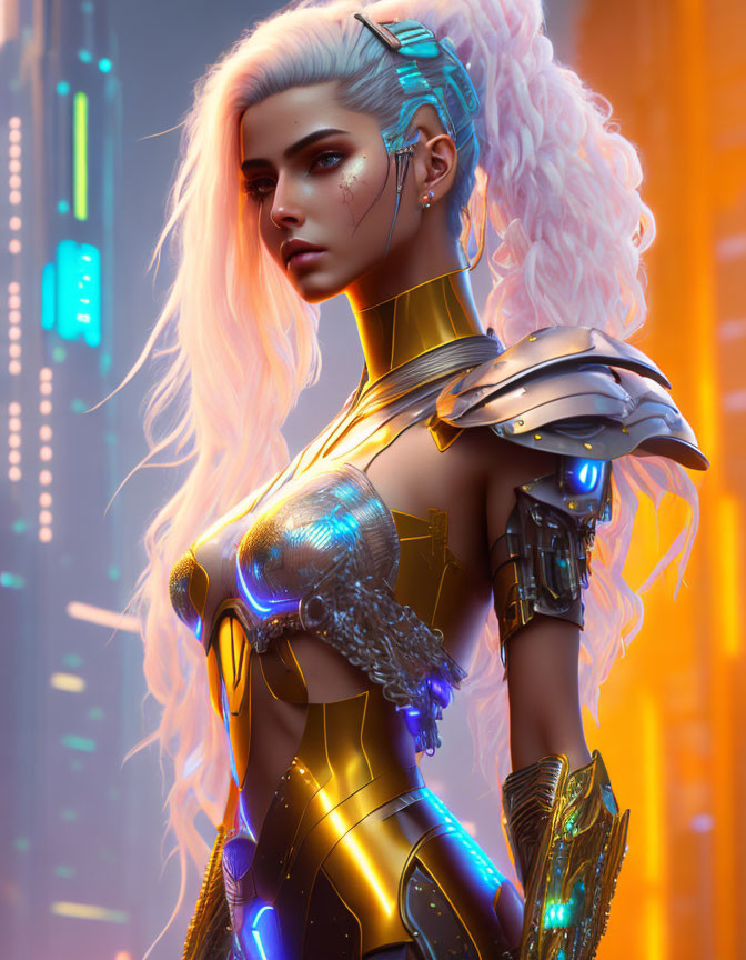 Futuristic woman with platinum blonde hair and cybernetic enhancements in gold and silver armor before neon