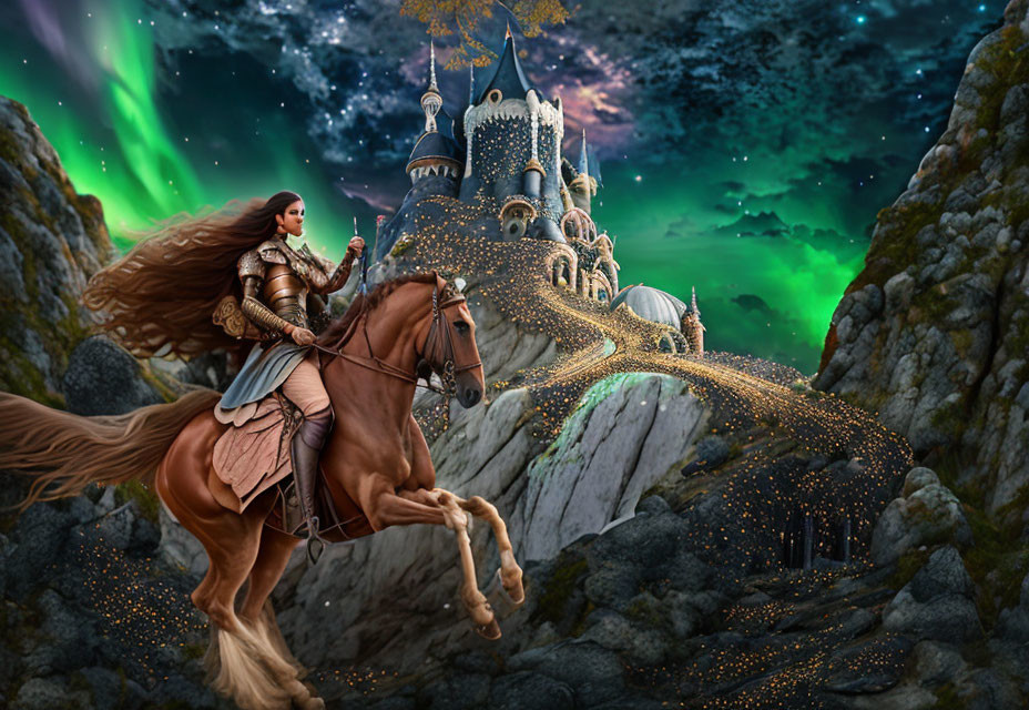 Warrior on Horseback in Front of Fantastical Castle under Northern Lights