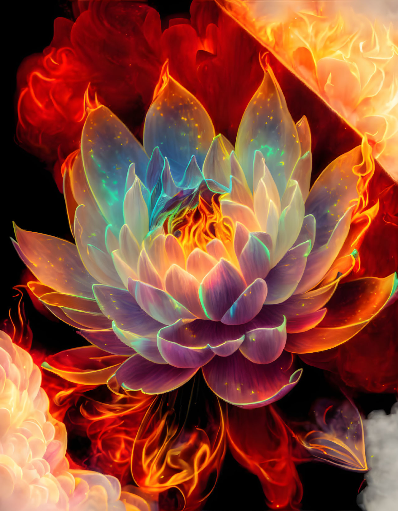 Colorful Digital Artwork of Lotus Flower with Fiery and Teal Tones on Dark Background