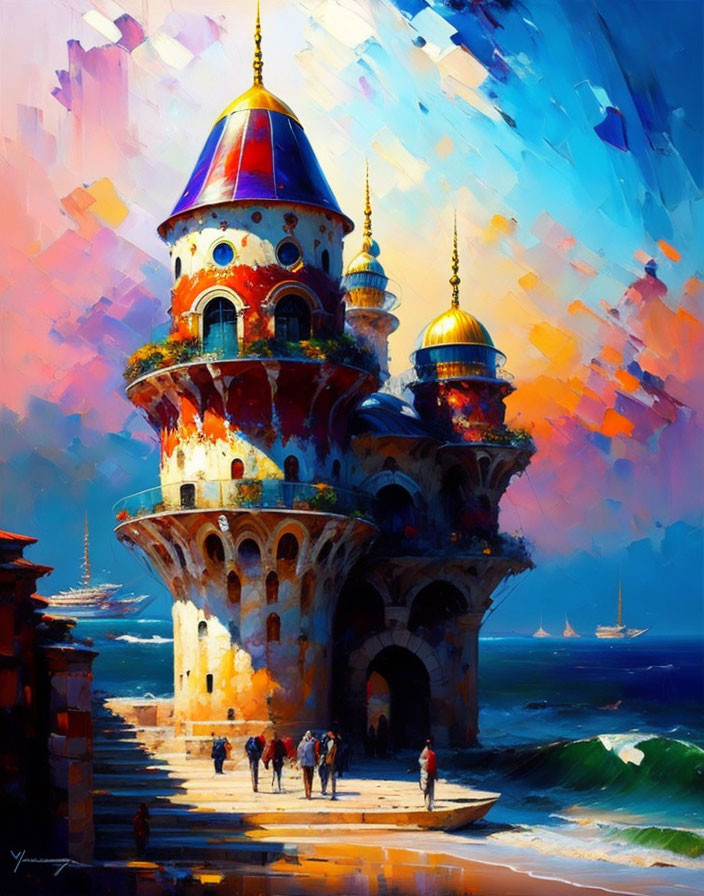 Colorful tower painting overlooking the sea with dynamic sky