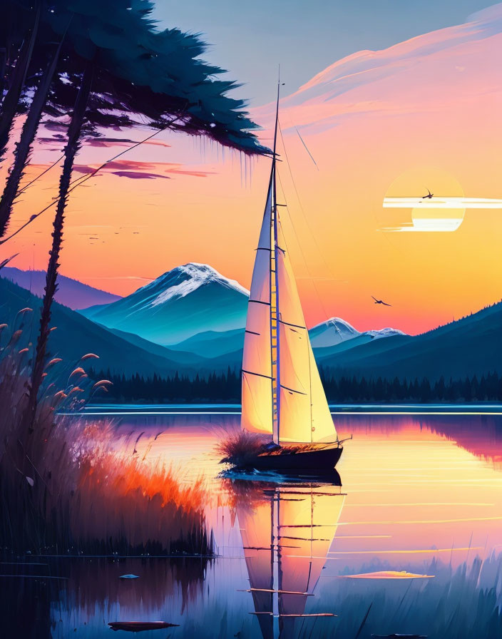 Tranquil sunset sailboat scene with mountains and plane