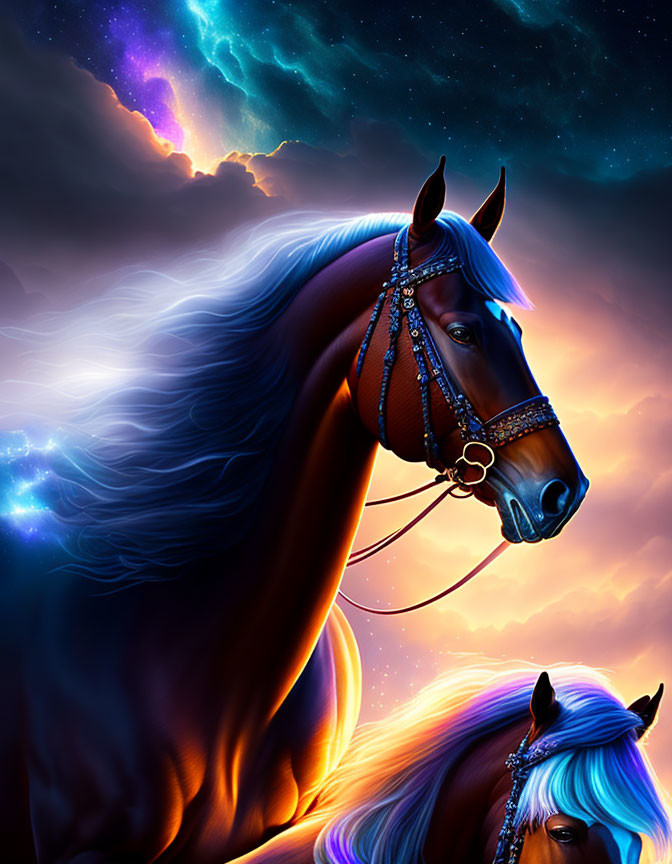 Majestic horses with flowing manes in cosmic setting