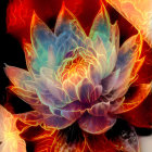 Colorful Digital Artwork of Lotus Flower with Fiery and Teal Tones on Dark Background