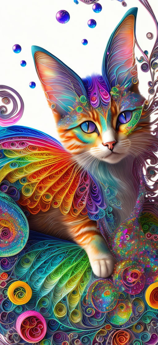 Colorful Psychedelic Cat Artwork with Intricate Patterns and Floating Bubbles