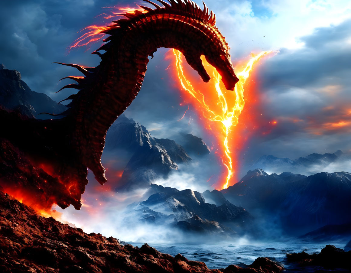 Majestic fire dragon emerging from sea with molten lava, stormy sky, and mountain backdrop