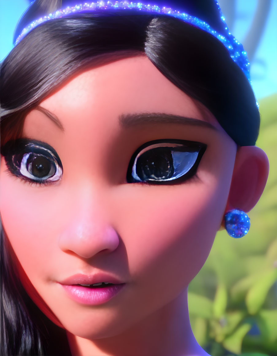 Detailed 3D animated female character with big eyes and sparkling headband, blue earring, against
