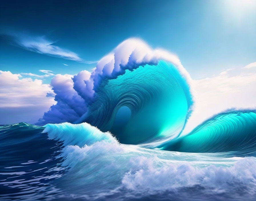 Colorful digital artwork: Large ocean wave in vibrant blues and purples