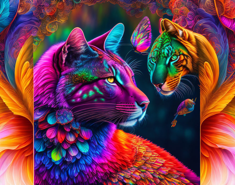 Colorful Digital Artwork: Stylized Cat and Tiger with Butterfly Wings