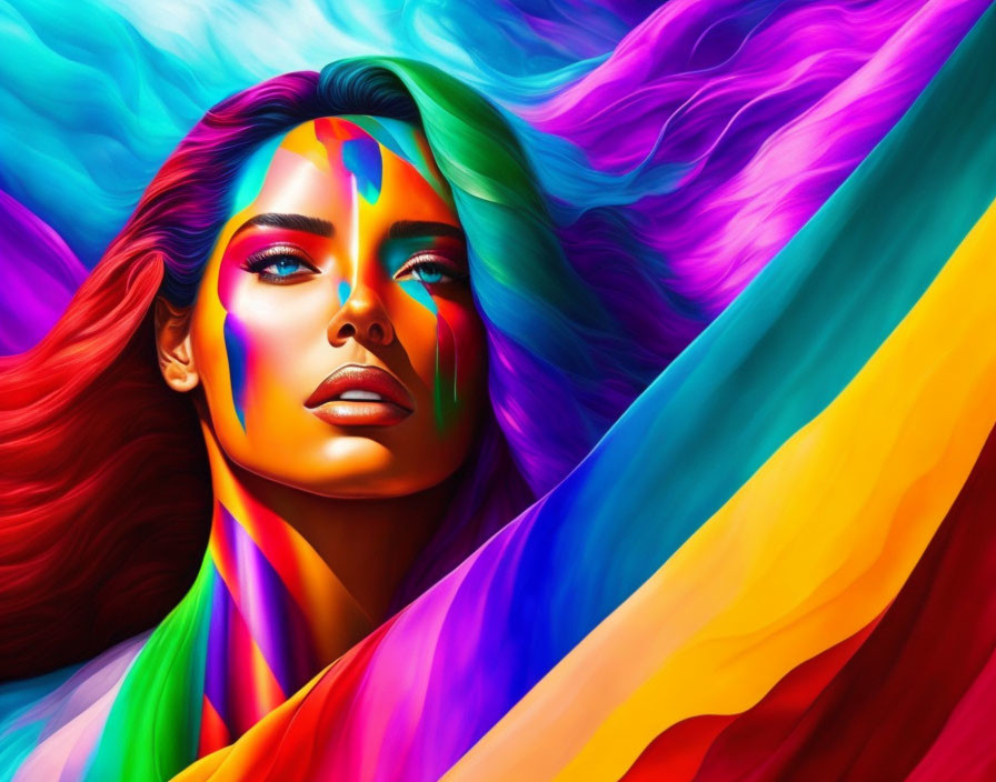 Colorful digital artwork: Woman with multicolored hair and paint streaks on face