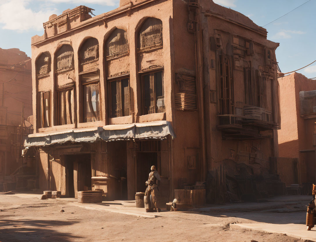 Solitary figure in armor on sunlit dusty street
