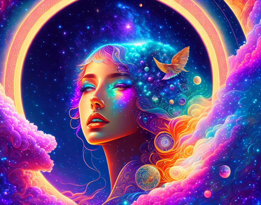 Cosmic-themed woman profile surrounded by swirling clouds and planets