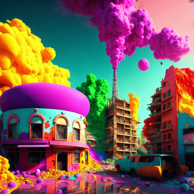 Colorful surreal cityscape with neon buildings, trees, clouds, and vintage car