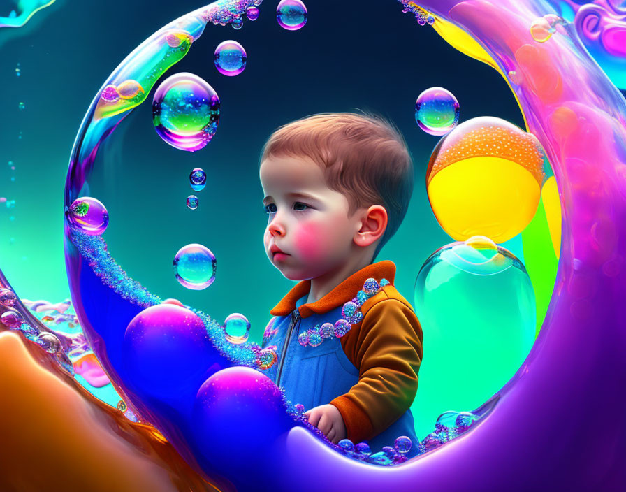 Child in surreal, vibrant landscape with iridescent bubbles and swirling colors