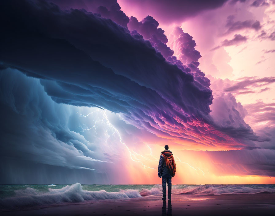 Beach scene with vibrant lightning and colorful sunset sky