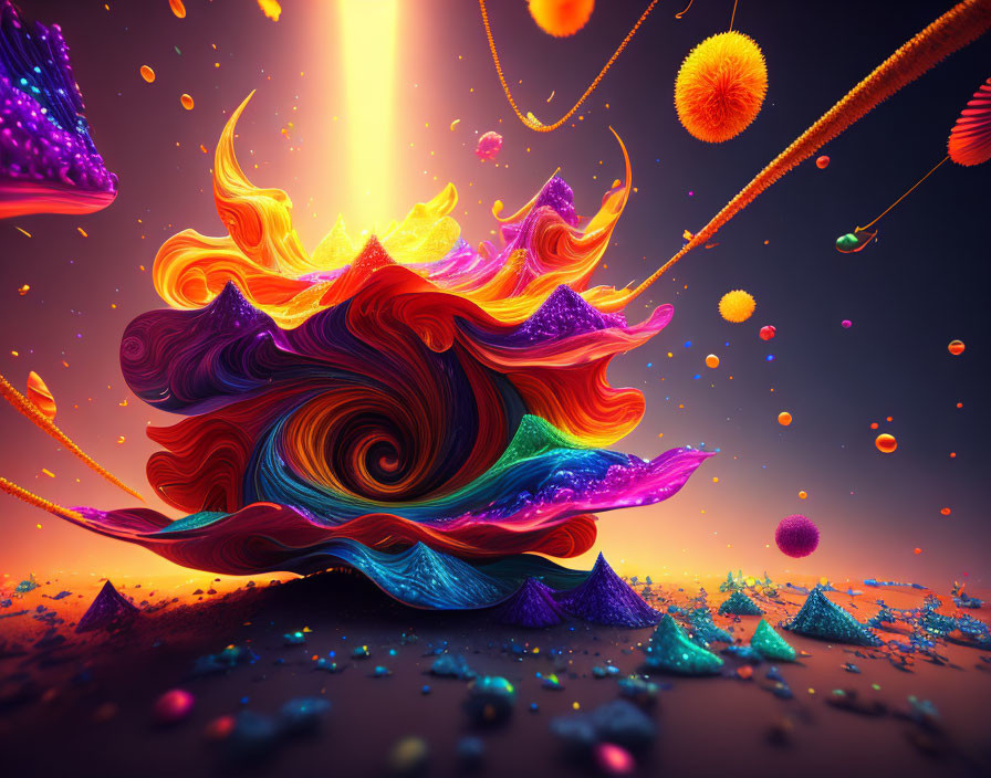 Colorful Abstract Digital Art: Swirling Seashell Shape with Light Streaks