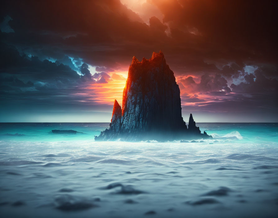 Majestic rocky island at sunset with dramatic sky