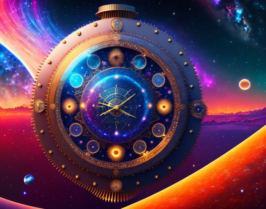 Intricately Designed Celestial Clock in Cosmic Setting