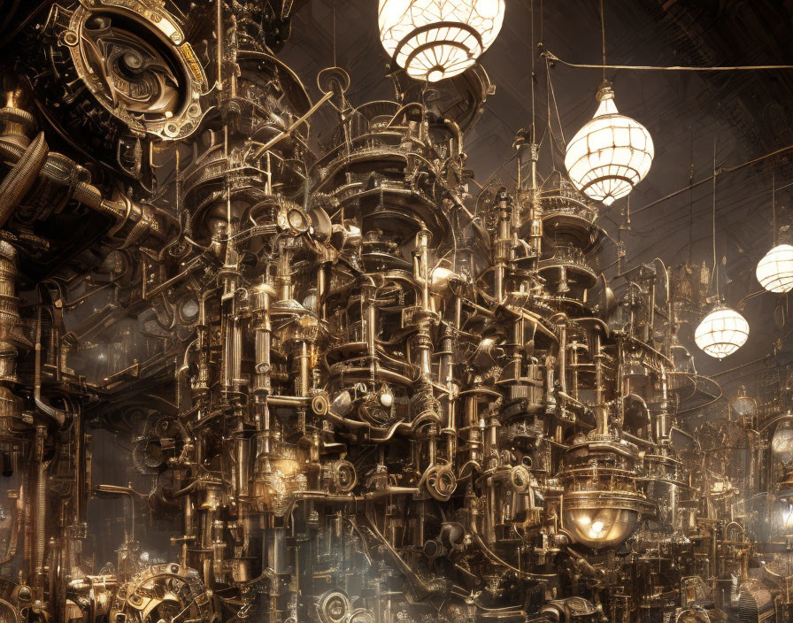 Dimly Lit Steampunk Interior with Brass Machinery and Victorian-Style Lamps