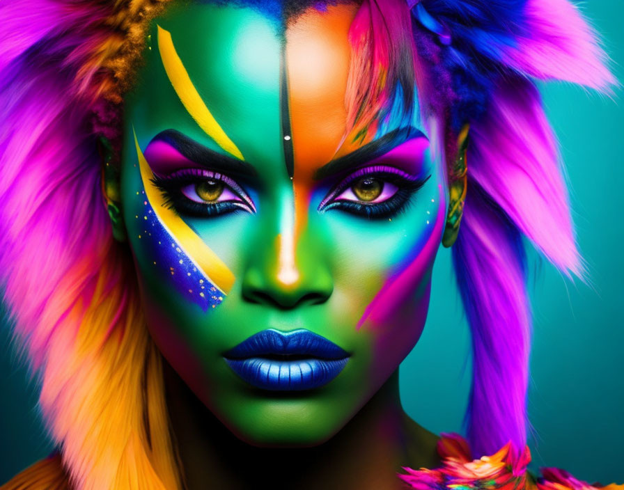 Colorful Face Paint and Feathers on Person Against Teal Background