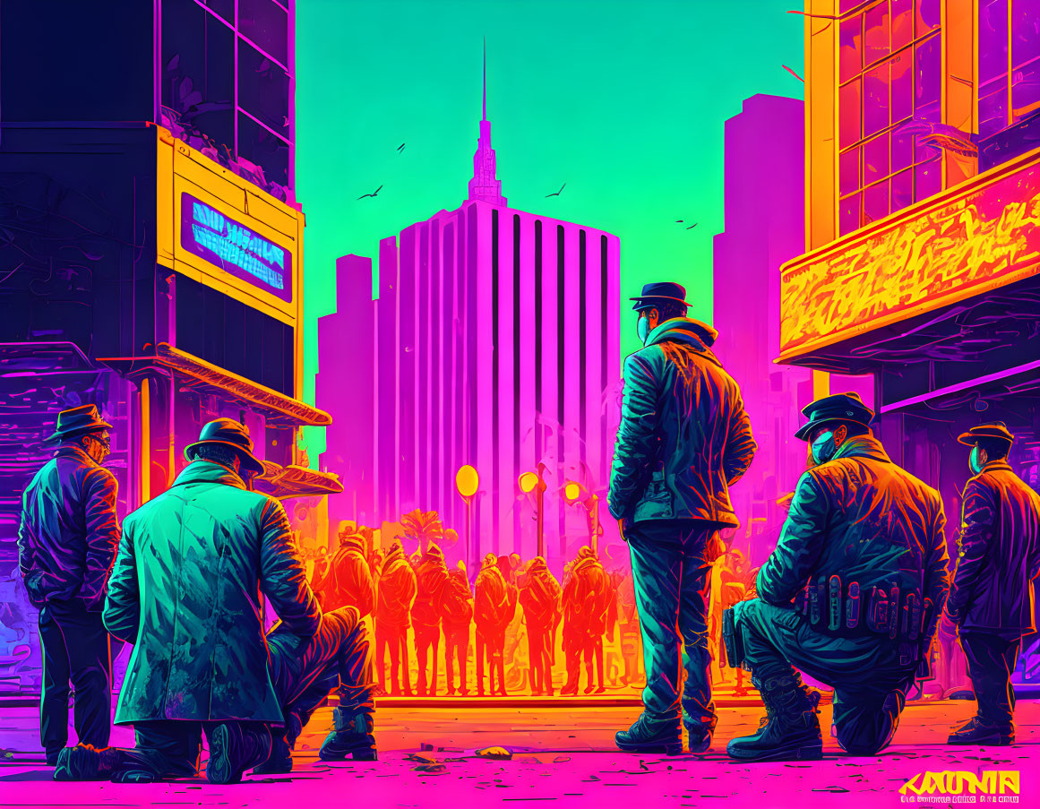 Neon-lit cityscape with silhouetted figures and police officers in a vibrant setting