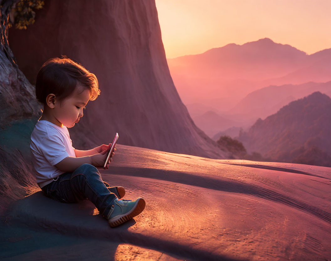 Child absorbed in smartphone with mountain sunset background