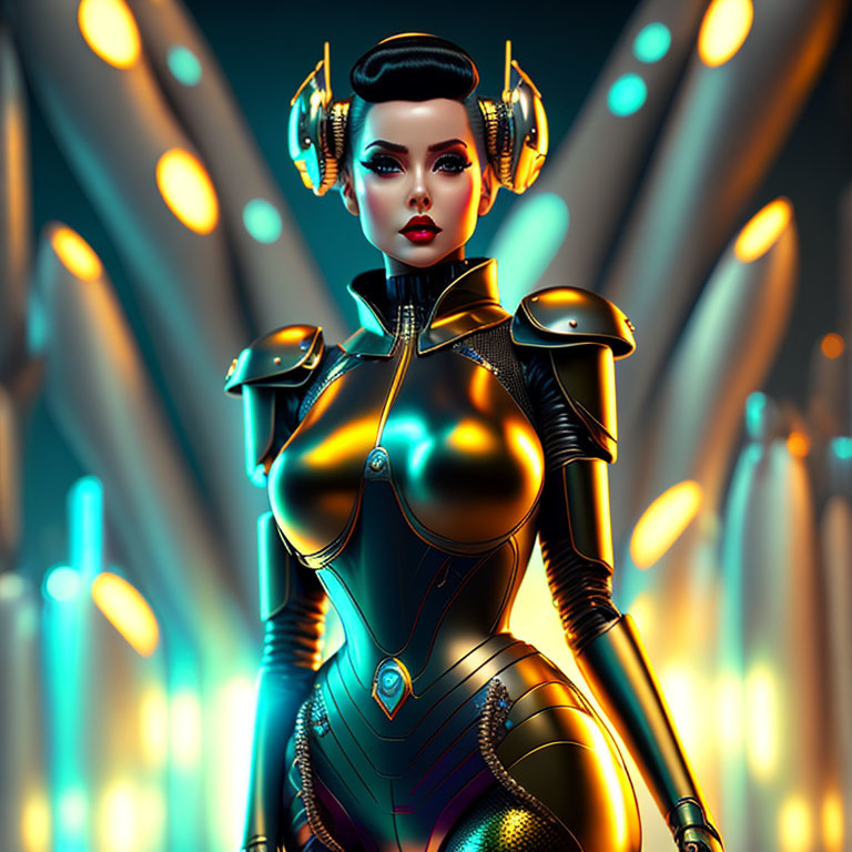 Futuristic female robot in black-and-gold suit with advanced headphones