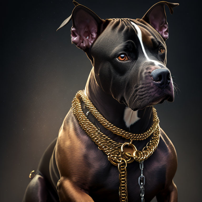 Shiny black and brown fur dog with gold chain collars on dark background