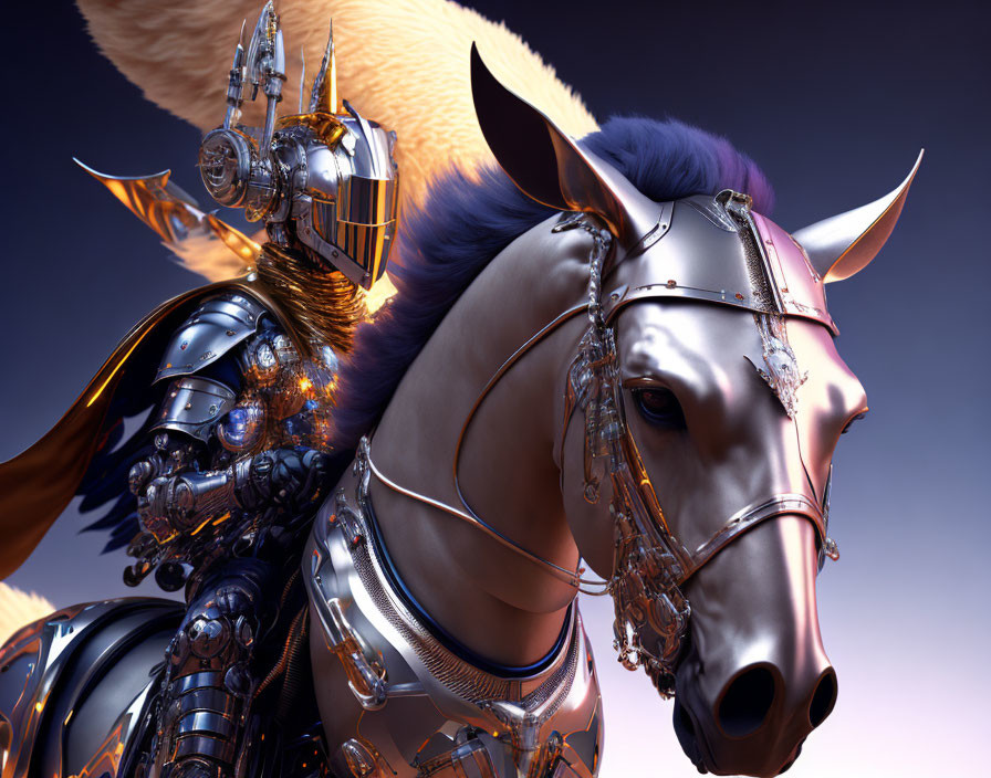 Detailed Silver Armor Knight Riding Horse on Purple Background