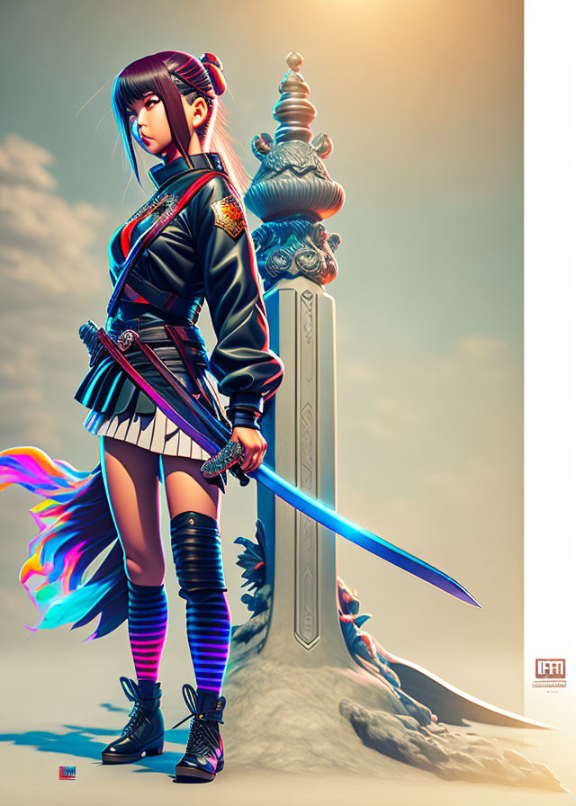 Female character with large sword in high school uniform by stone pillar